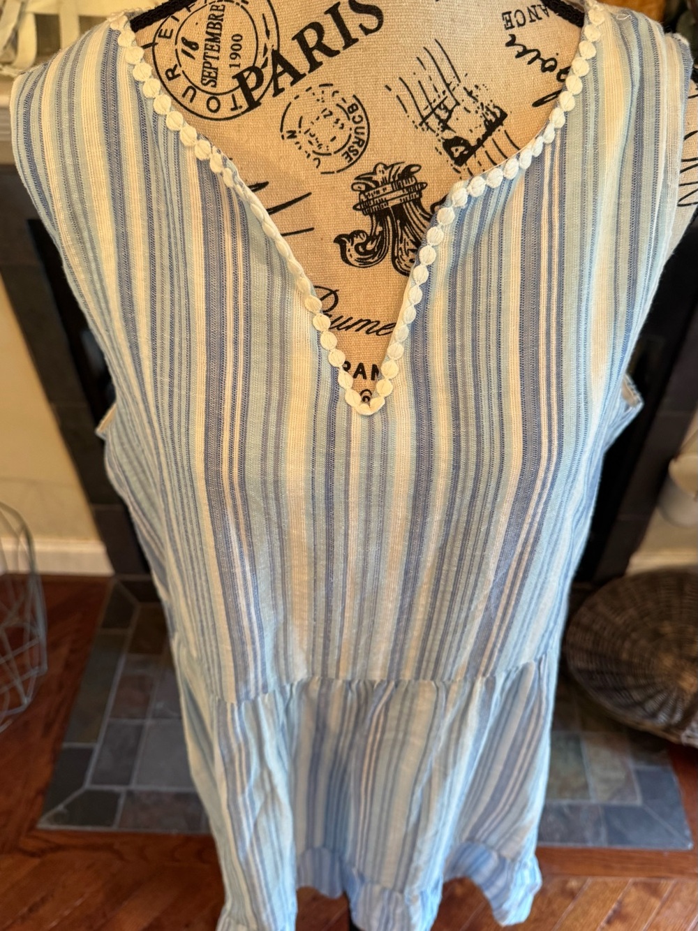 Ronni Nicole Sleeveless Linen Blend Babydoll Dress Blue White Stripes Ruffle LRG - Picture 2 of 11